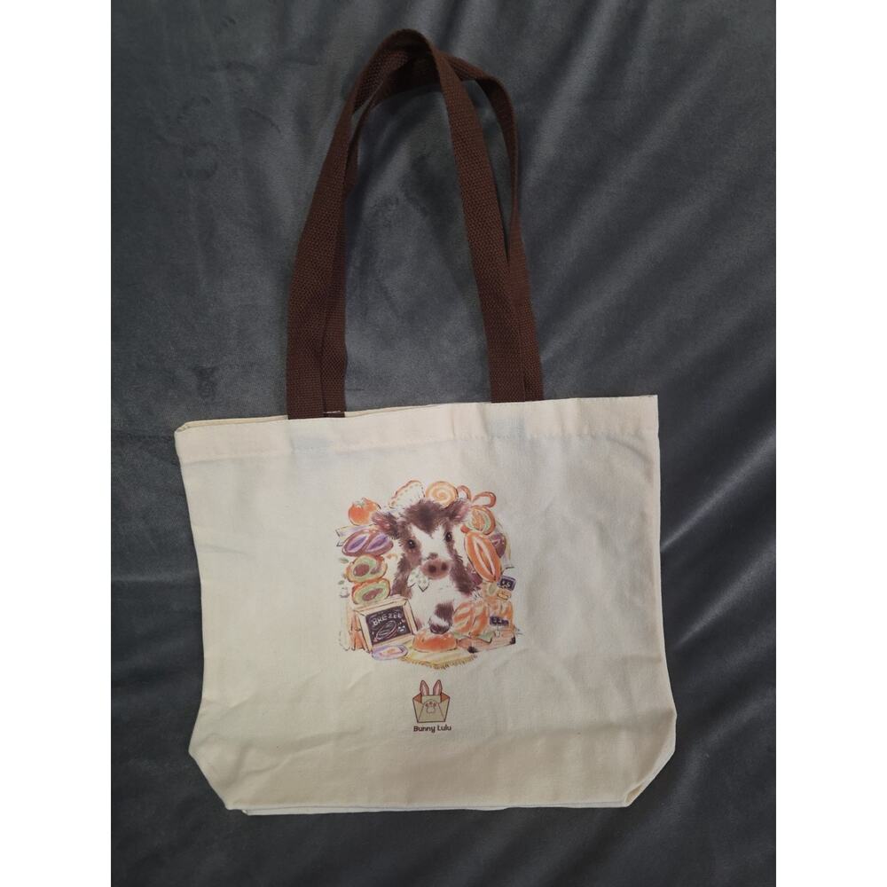 Bunny Lulu Canvas Tote Shoulder Bag Cow Calf Print Cream Brown Double Handle Med